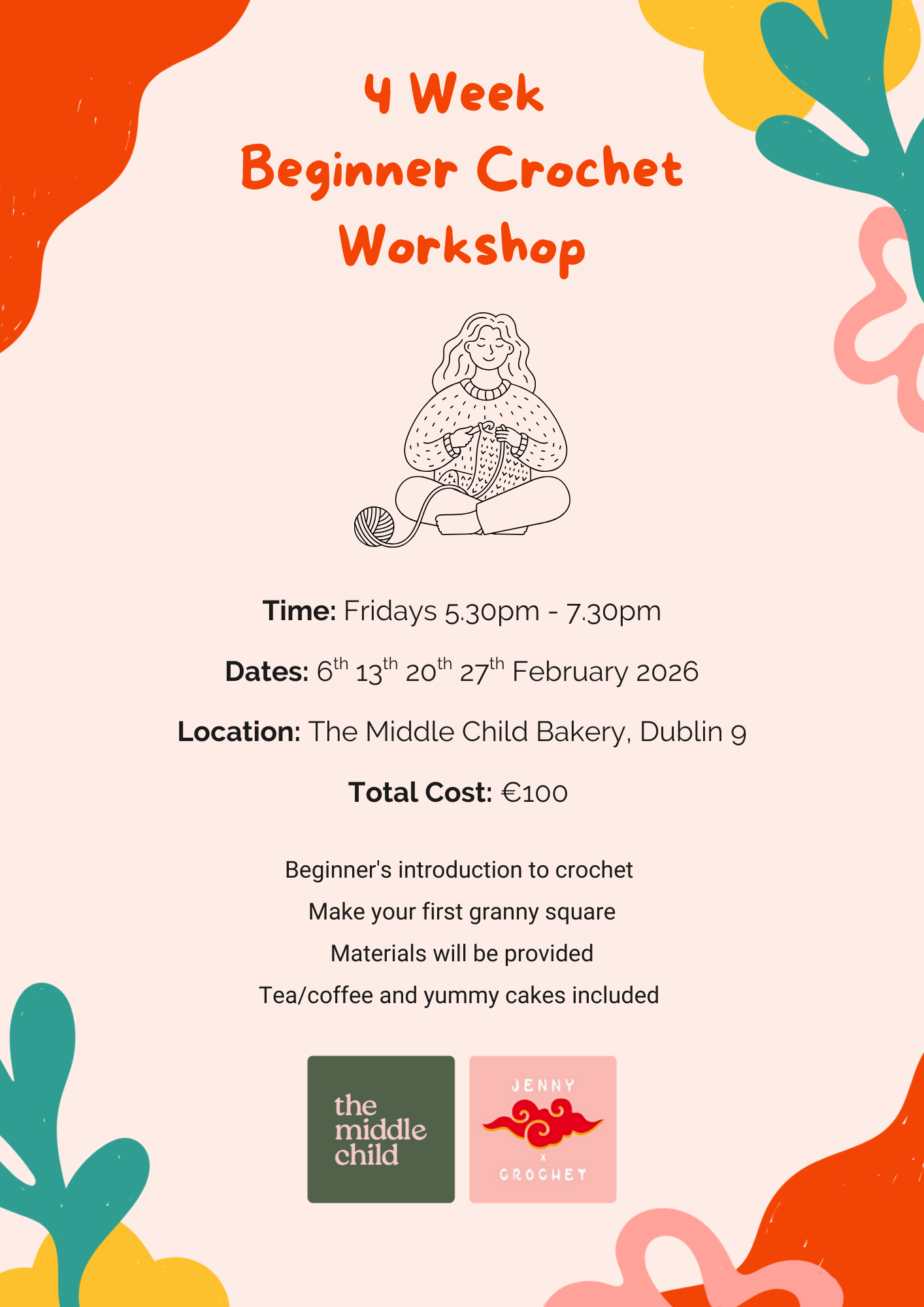 February 2026 - Friday 4-week Crochet Beginners Workshop (The Middle Child, D9)