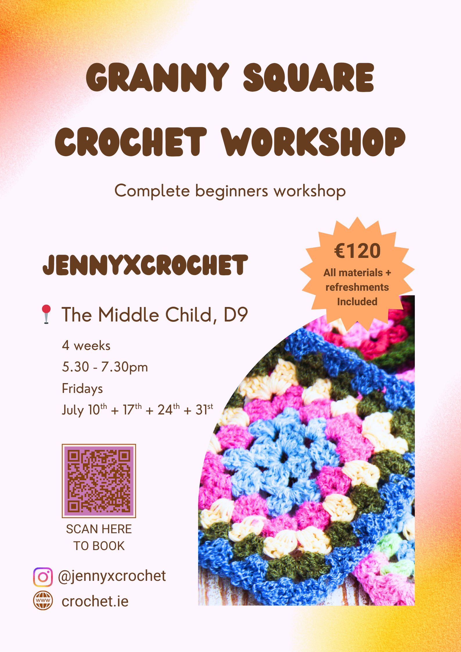 Advertisement for a Granny Square Crochet Workshop with colorful crochet pattern and workshop details.
