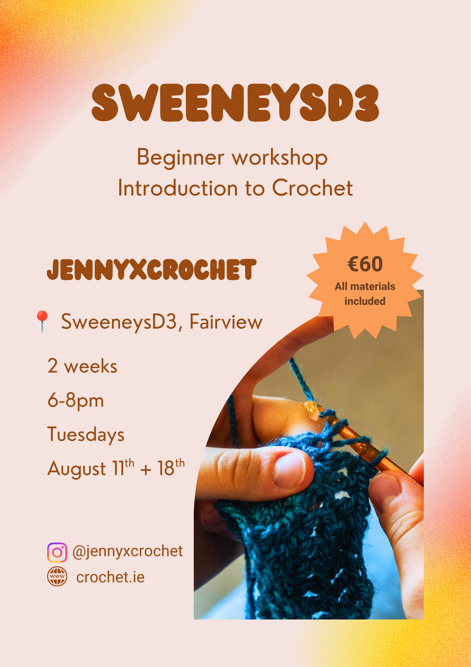 August Crochet Basics Workshop SweeneysD3 (2 Weeks) - Beginner Stitches