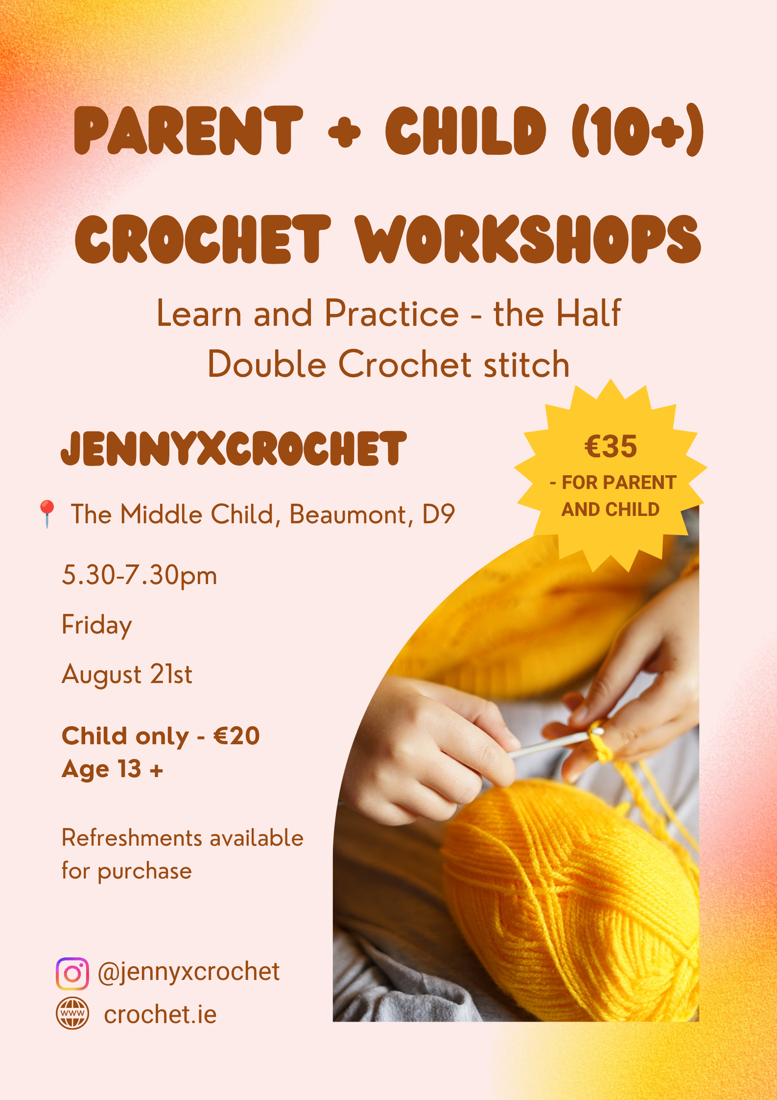 Parent and Child Crochet Classes Friday 21st August @ The Middle Child