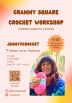Promotional flyer for a Granny Square Crochet Workshop with a woman holding yarn and a crochet hook.