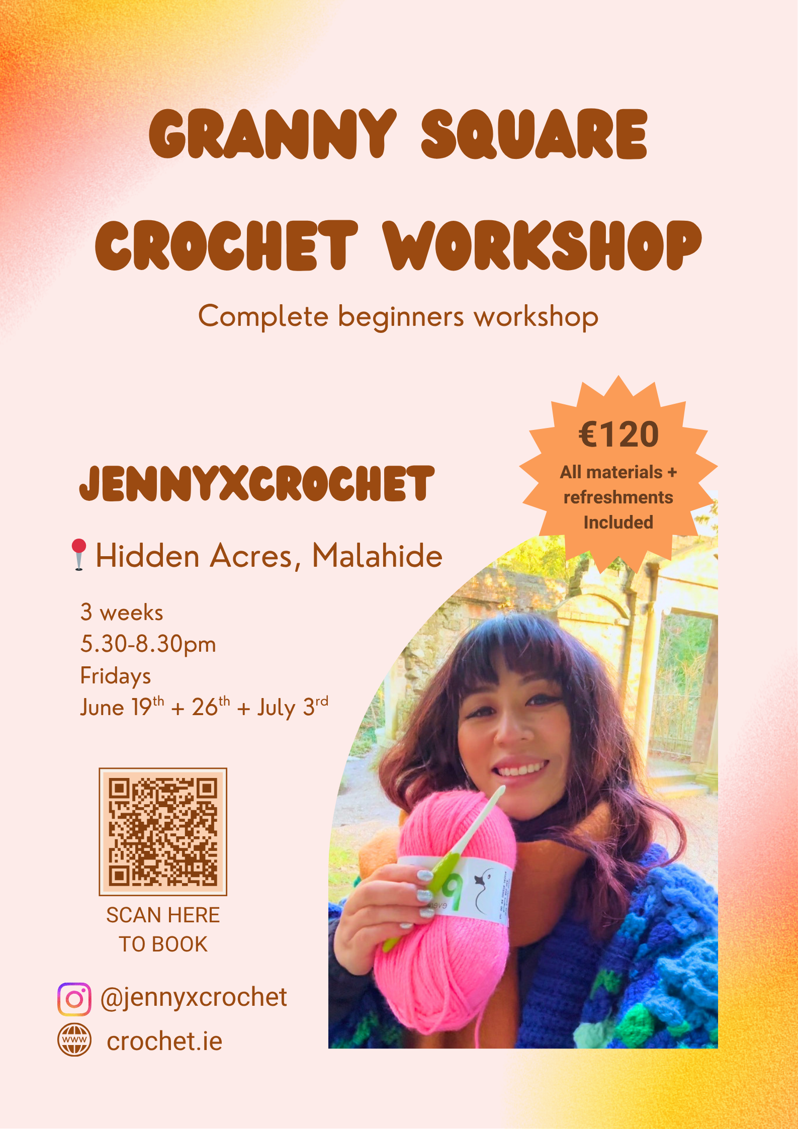 Promotional flyer for a Granny Square Crochet Workshop with a woman holding yarn and a crochet hook.