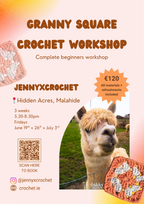 Promotional flyer for a Granny Square Crochet Workshop with an alpaca and crochet project.