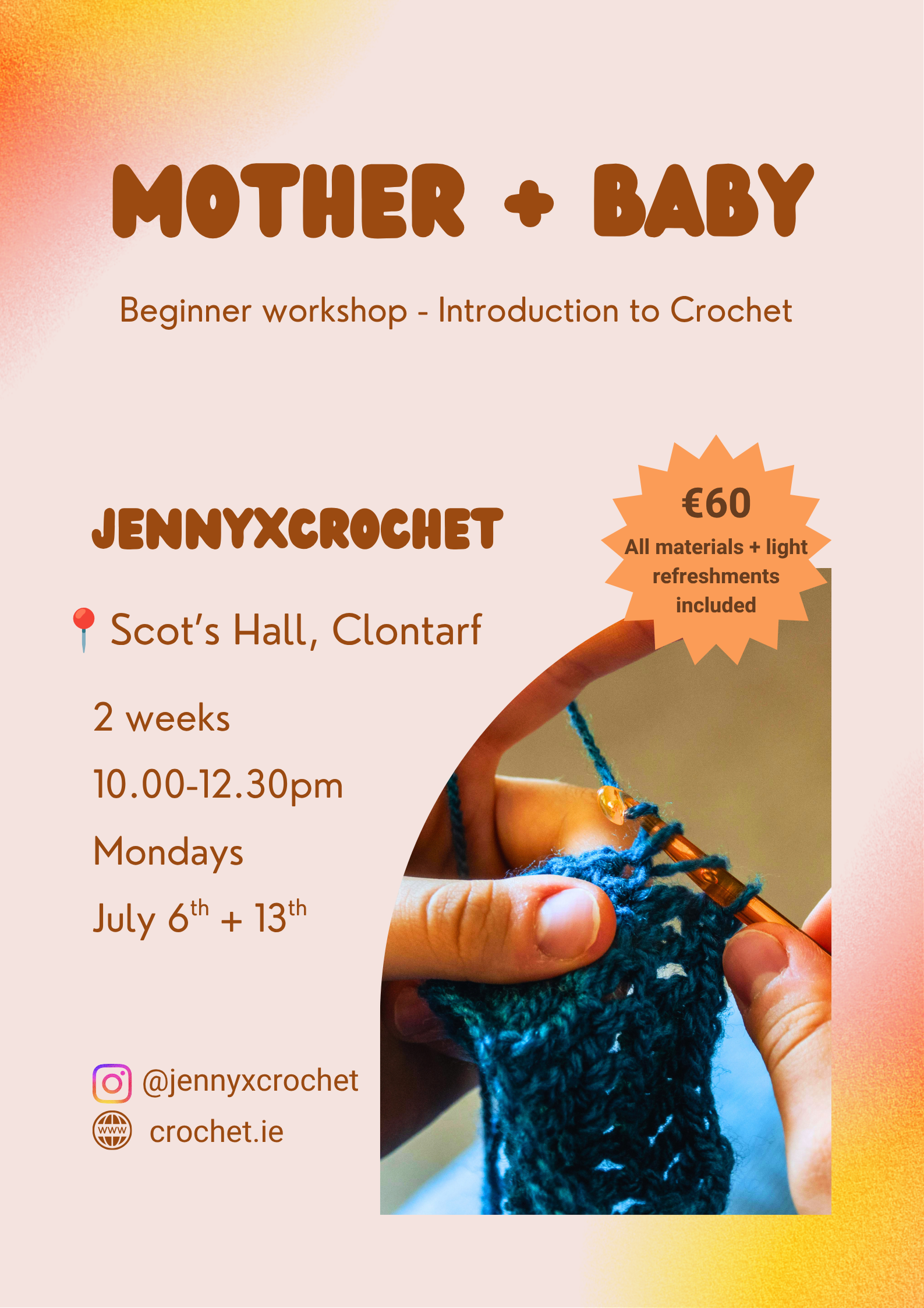 JULY Mother + Baby Crochet Workshop (2 Weeks) - Beginner Stitches