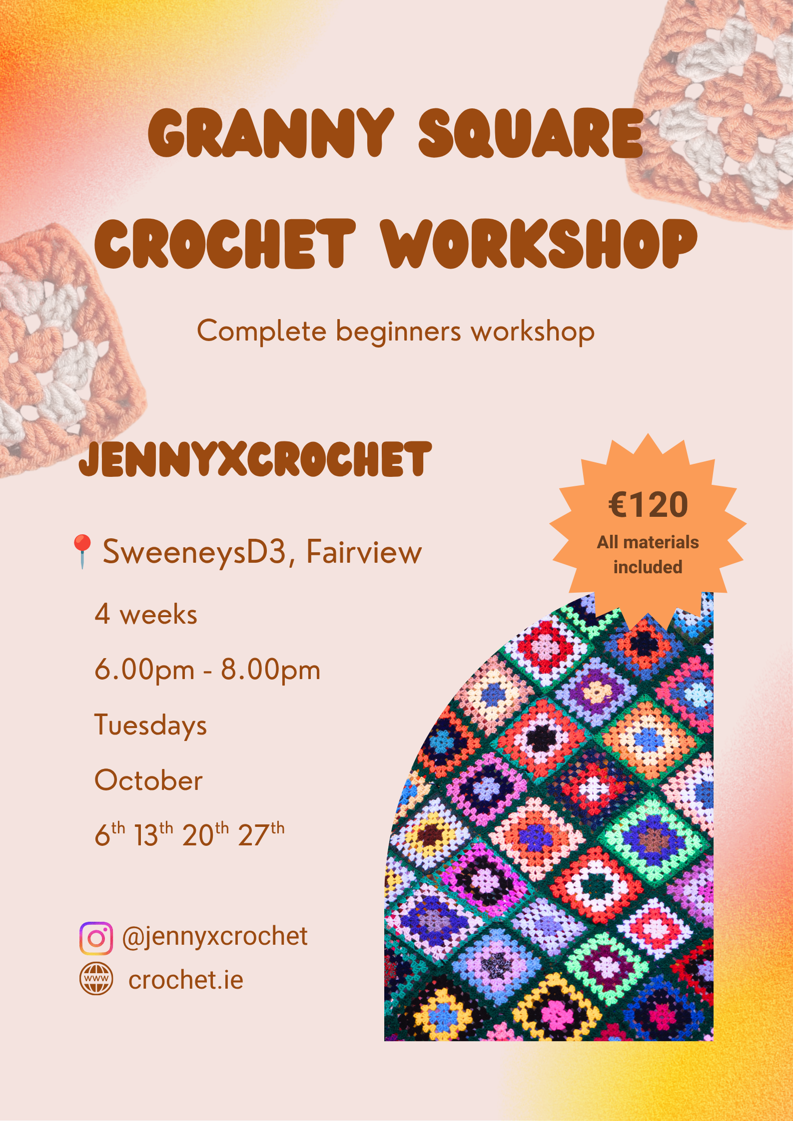October Granny Square Crochet Workshop (4 Weeks) - SweeneysD3 Fairview