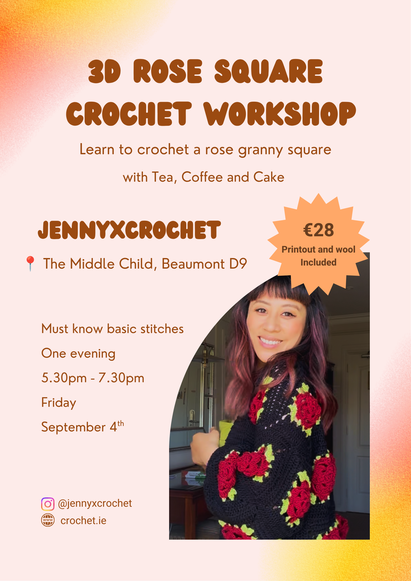 Crochet 3D Rose Square Workshop (with Tea and Cake) - The Middle Child, D9