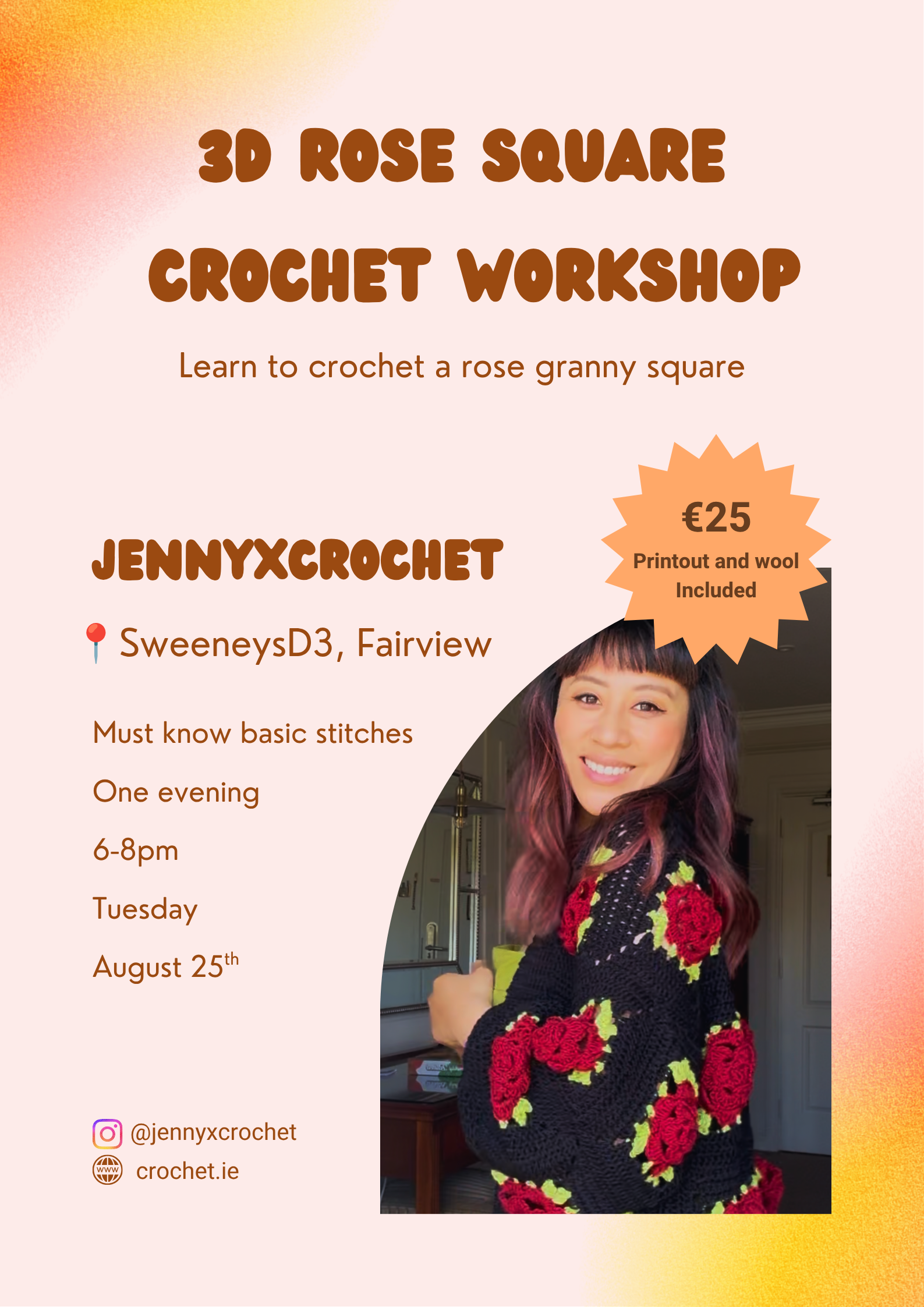 Crochet 3D Rose Square Workshop SweeneysD3