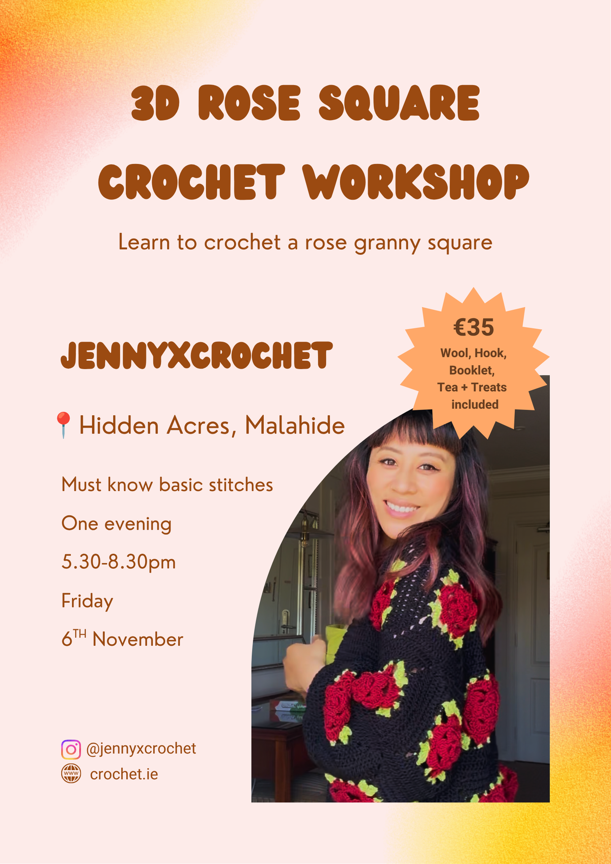 Crochet 3D Rose Square Workshop Hidden Acres Malahide