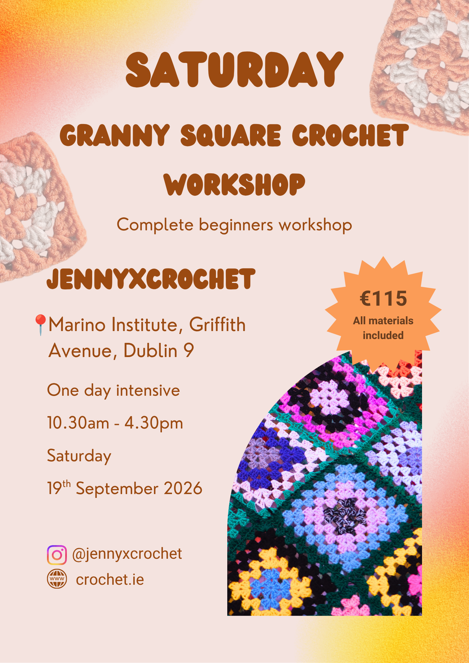 September 1-day Granny Square Crochet Workshop - Marino Institute Dublin 9
