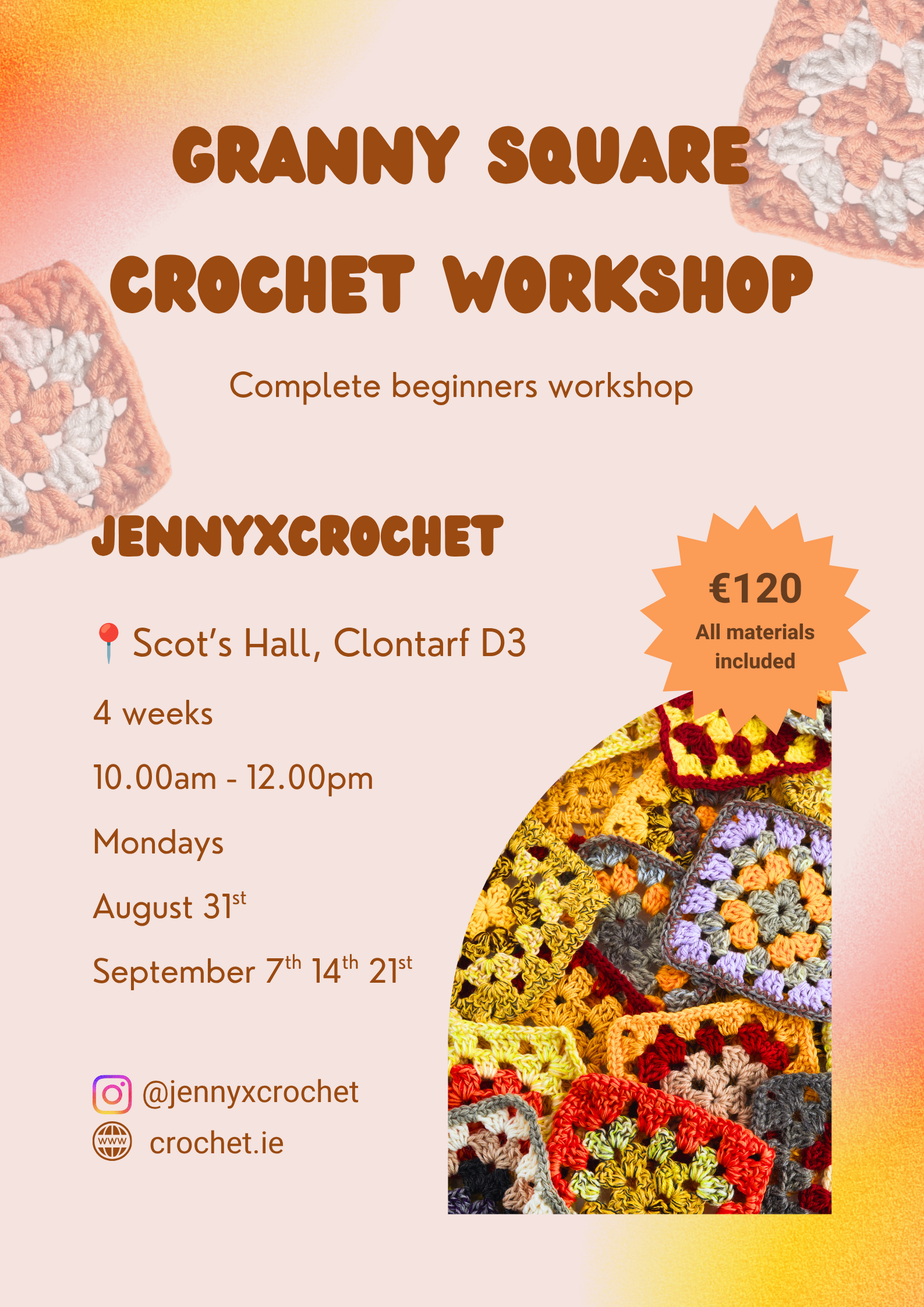 September Granny Square Crochet Workshop (4 Weeks) - Clontarf