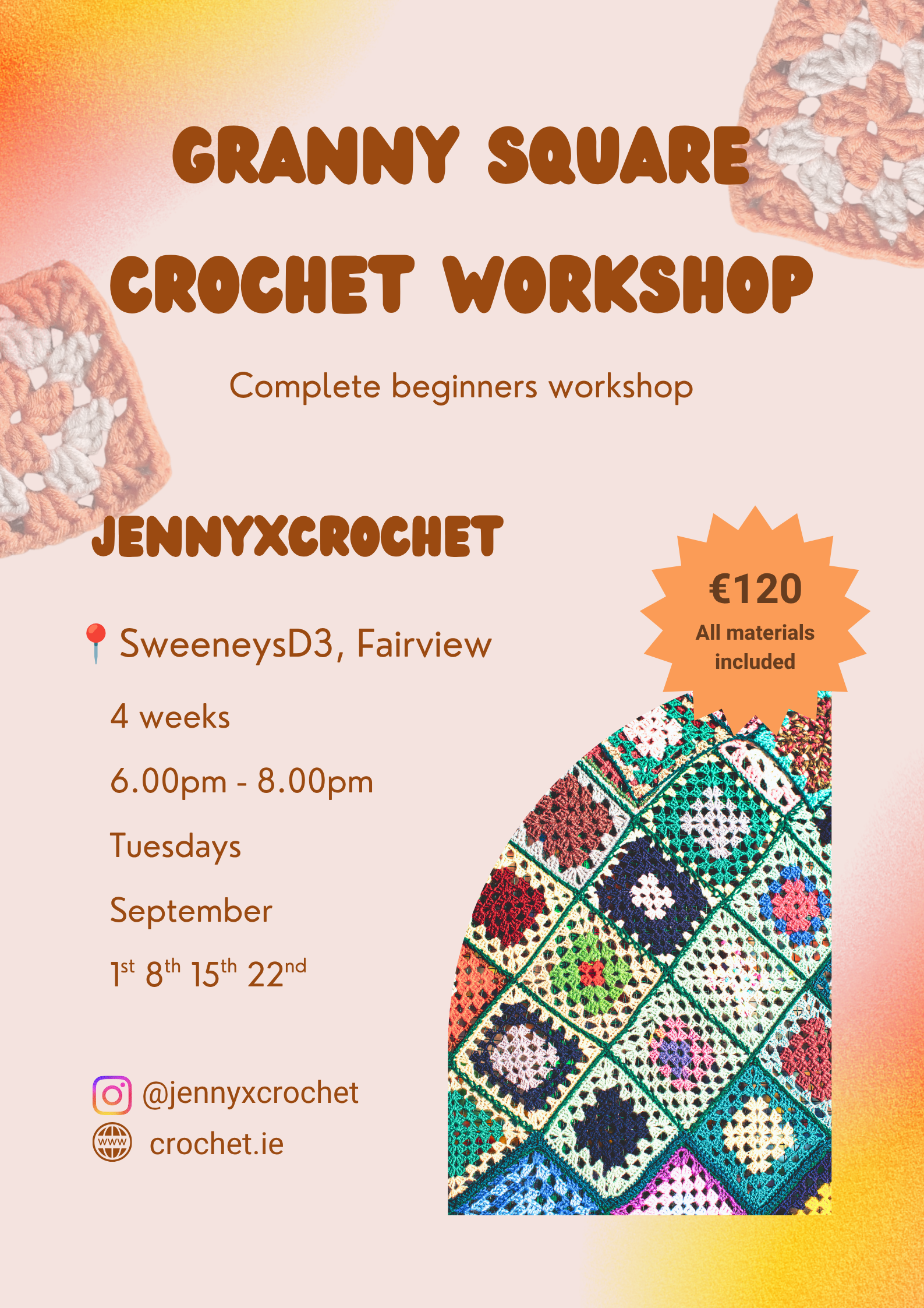 September Granny Square Crochet Workshop (4 Weeks) - SweeneysD3 Fairview