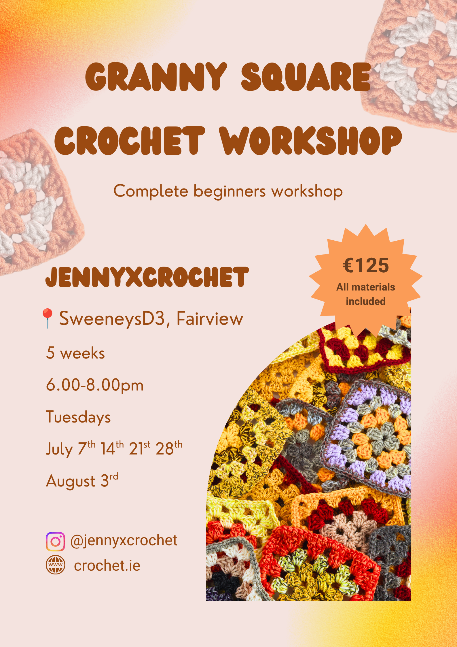 Granny Square Crochet Workshop (5 Weeks) - SweeneysD3 Fairview